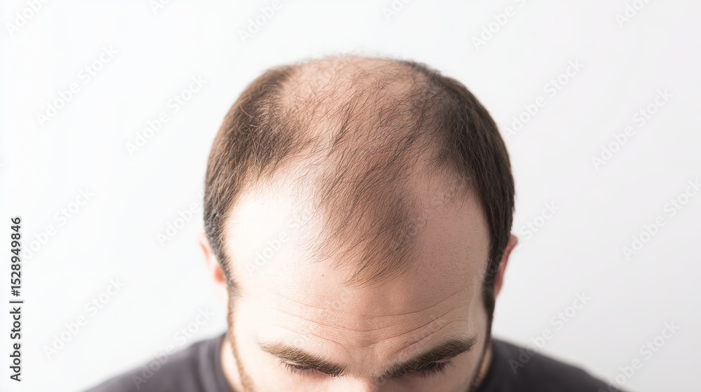 Obraz premium Photorealistic top view of a man with visible bald patches and thinning hair texture under natural light, highlighting male hair loss and scalp health in a clean clinical setting