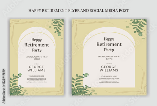 Traditional Happy retirement party celebration flyer design, social media post, vintage, old, elder, senior, festive, emotion, royal, wish, greeting, invitation, black, event, a4 templates bundle.
