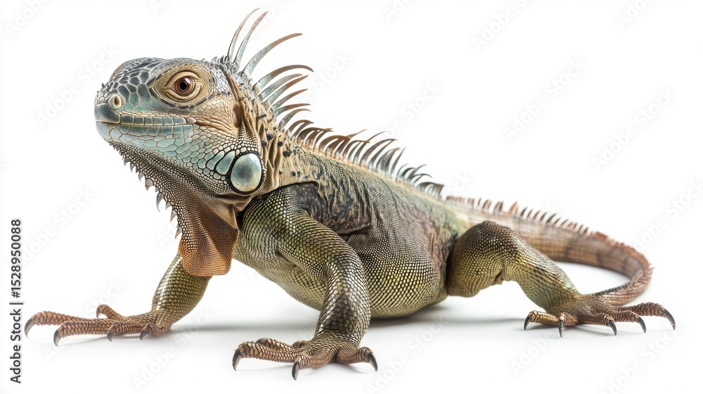 Fototapeta premium Natural iguana pose with tail fully extended, showing full texture from head to tail on white