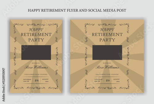 Traditional Happy retirement party celebration flyer design, social media post, vintage, old, elder, senior, festive, emotion, royal, wish, greeting, invitation, black, event, a4 templates bundle.