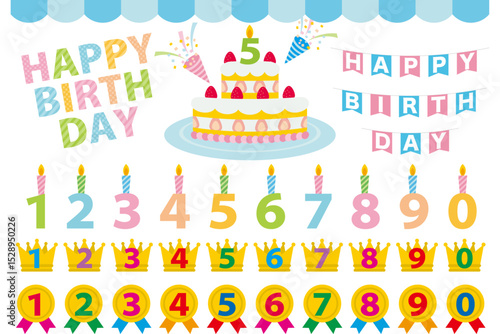 Birthday Party Elements, Pastel Cake & Number Decor Vector Set