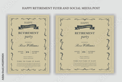 Traditional Happy retirement party celebration flyer design, social media post, vintage, old, elder, senior, festive, emotion, royal, wish, greeting, invitation, black, event, a4 templates bundle.