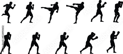 Dynamic Silhouette Series: Boxing and Martial Arts Poses for Fitness, Sports, and Training Design  flat vector illustration