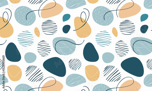 Modern abstract seamless pattern with textured circles and doodles