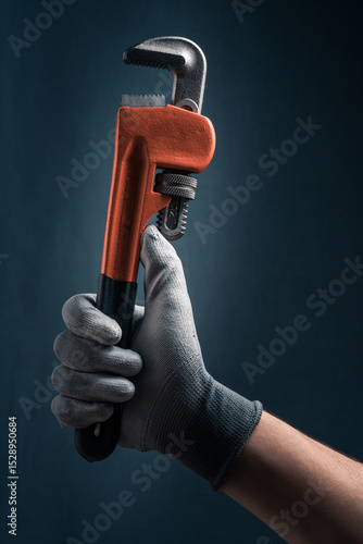 Plumbers hand in glove holding a pipe wrench on blue background.