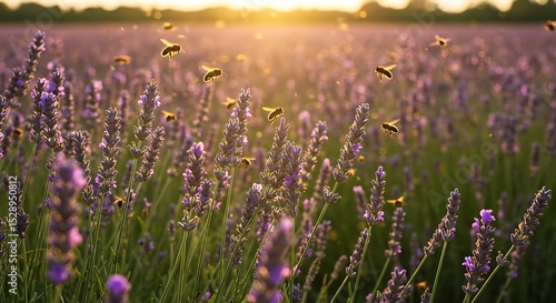 Lavender Field at Sunset with Bees