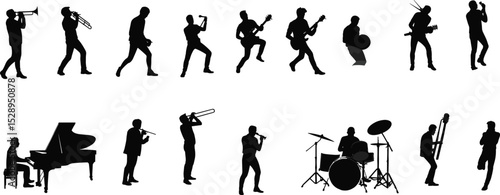 Silhouettes of musicians playing instruments including drums, guitar, trumpet, piano, performing music, jazz band concert  flat vector illustration