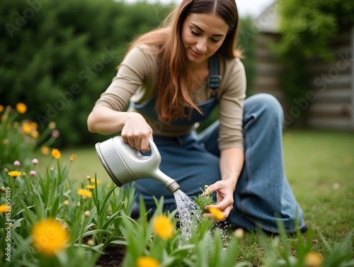 Wallpaper Mural Woman watering plants in garden with greenery background and casual outfit natural lifestyle activity Torontodigital.ca