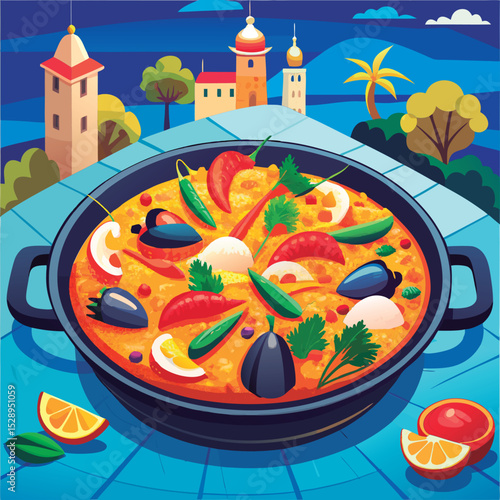 Delicious Paella Dish with Colorful Veggies.
