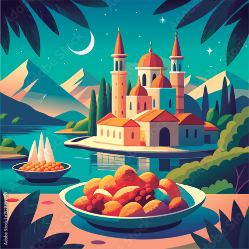 Serene island village with delicious food.