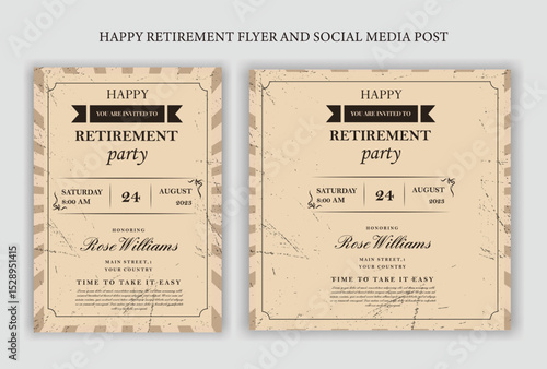 Set of retirement party invitation, square banner, instagram story and a4 poster, vector illustration Retirement Flyer Design Template. Retirement Party Invitation Layout, square banner, and a4 poster