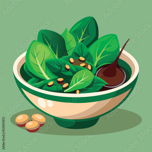 Vector illustration of a Healthy spinach salad bowl.