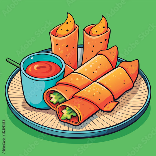 Colorful spring rolls with dipping sauce.