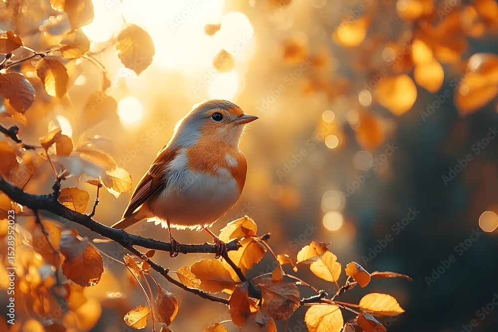 Autumn Serenity: Bird on Branch at Sunset for Nature Photography and Wall Art Autumn Serenity: Bird on Branch at Sunset for Nature Photography and Wall Art