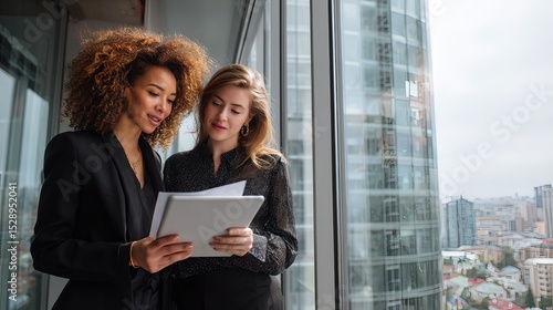 confident women reviewing project data by large office window 