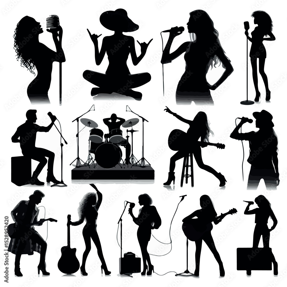 Obraz premium A set of high quality silhouette pop singer country music rock star and hiphop rapper art