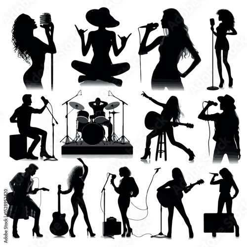 A set of high quality silhouette pop singer country music rock star and hiphop rapper art
