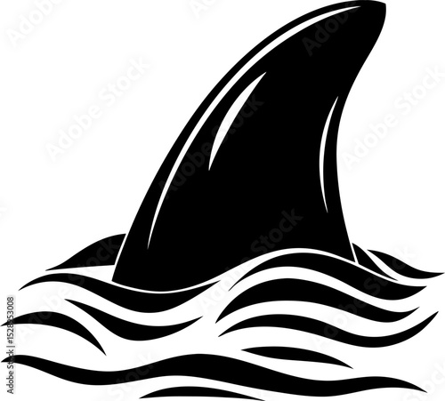 Shark fin emerges above ocean waves predatory marine animal danger symbol, sea wildlife caution concept in black illustration