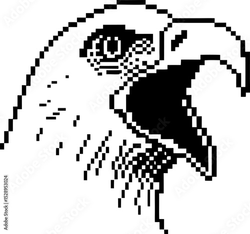 Pixel art hawk head illustration open beak raptor bird, digital black and white minimalist animal graphic design