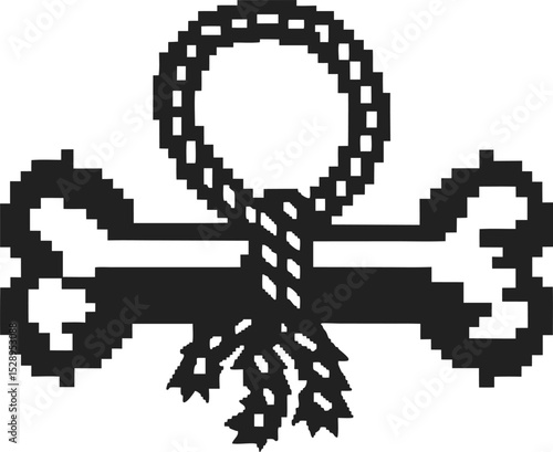 Pixel art skull and crossbones symbol with rope noose black and white retro danger, warning icon in vintage