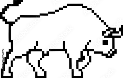 Pixel art bull illustration minimalist walking animal symbol, 8 bit retro digital wildlife, powerful energy icon, monochrome graphic