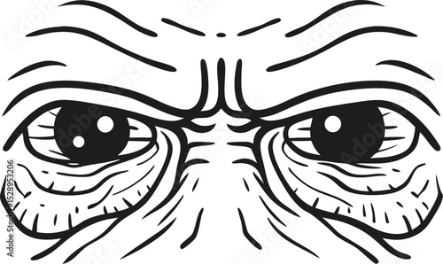 Aged human eyes with deep wrinkles detailed black and white line art showing expressive, tired, wrinkled facial features