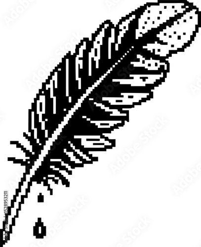 Monochrome pixel art quill pen with ink drop, retro vintage illustration, creative writing and literature symbolism