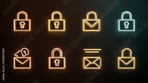 Security in Neon: Illuminated neon icons of padlocks and envelopes symbolize digital security and data protection, conveying a sense of secure communication and confidentiality.