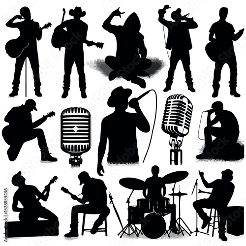 A set of high quality silhouette pop singer country music rock star and hiphop rapper art