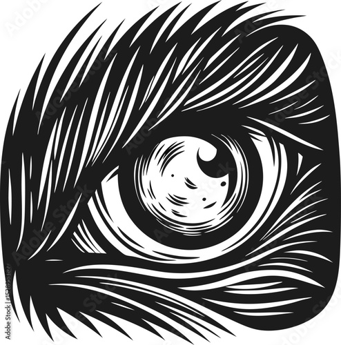 Close up eagle eye illustration sharp black and white drawing, intricate feather detail, predatory bird gaze, wild animal art