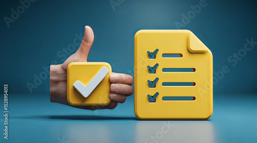 Completed Task Illustration: A vibrant illustration of a hand gesture a thumbs-up accompanied by a completed checklist, showcasing the satisfaction of task completion. 