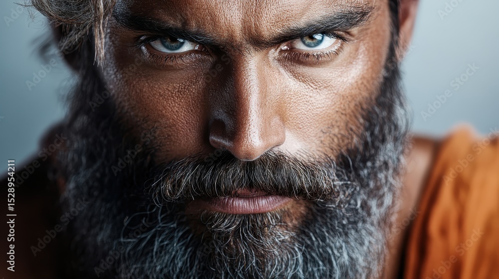 Obraz premium This striking portrait captures a bearded man's intense gaze with piercing blue eyes, conveying powerful emotions and a strong character through detailed facial features.