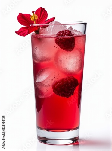 Delicious Fruity Beverage Clear Glass Filled with Raspberry Hibiscus Iced Tea and Flower