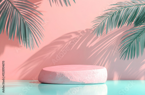 Pink stone product display with palm leaves