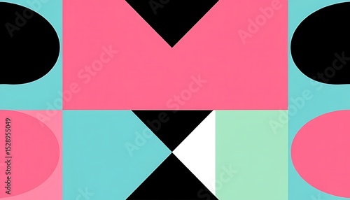 Flat design, made of geometric shapes and patterns, squares, circles, abstract composition.  bright pink, light green, blue, black, white, with yellow dots digital art with clear lines, for graphic de