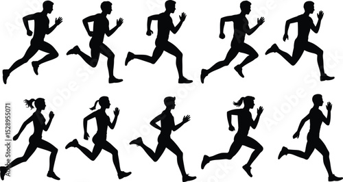 PrintDynamic set of male and female running silhouettes, illustrating various motion stages for fitness, sport, and active lifestyle designs.