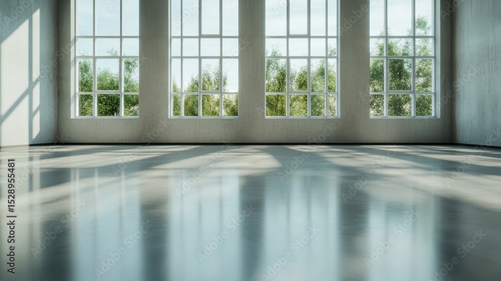 Fototapeta premium This minimalist image features an open space with large windows showcasing lush greenery outside, representing the harmony between indoor and outdoor environments.