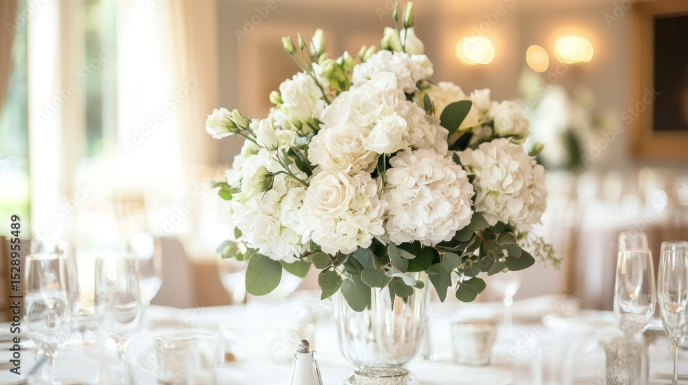 A white and green floral arrangement on a table with a blurred background. A white and green floral arrangement on a table with a blurred background.