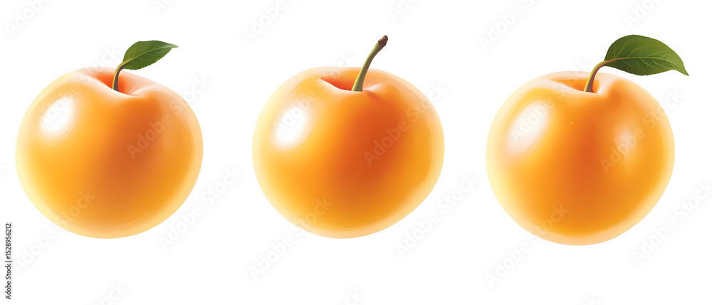 Three Ripe Yellow Apricots with Green Leaves PNG Isolated on Whi Three Ripe Yellow Apricots with Green Leaves PNG Isolated on Whi