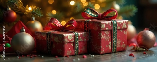 Ornate ribboned vintage gift boxes nestled under a glowing Christmas tree , presents, retro, gold