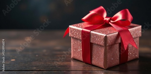 Sparkling gift box with lustrous satin ribbons on a dark wood surface , luxury, satin, table