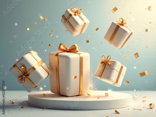 Floating parcels, ornate gold accents, soft light , texture, serene, fairytale
