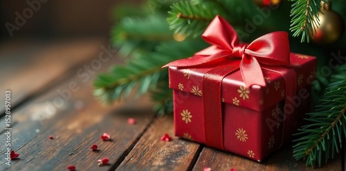 Ornate gift box with silk ribbon, nestled beneath Christmas tree branches, graphic, gold