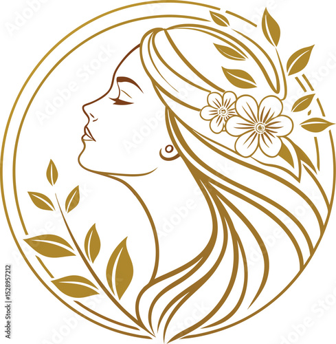 Elegant Woman Profile with Floral Hair Design in Circle Frame
