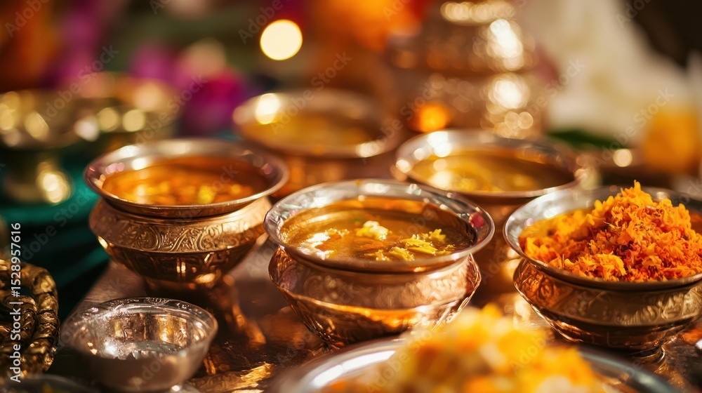 Naklejka premium A traditional Indian wedding ceremony with colorful dishes and utensils on a wooden table.