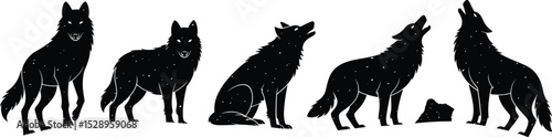 Majestic Pack of Wolves Silhouettes: Diverse Poses Including Howling and Standing, Capturing Wilderness, Nature, and Animal Spirit in Detailed Vector Illustrations for Wildlife Themes