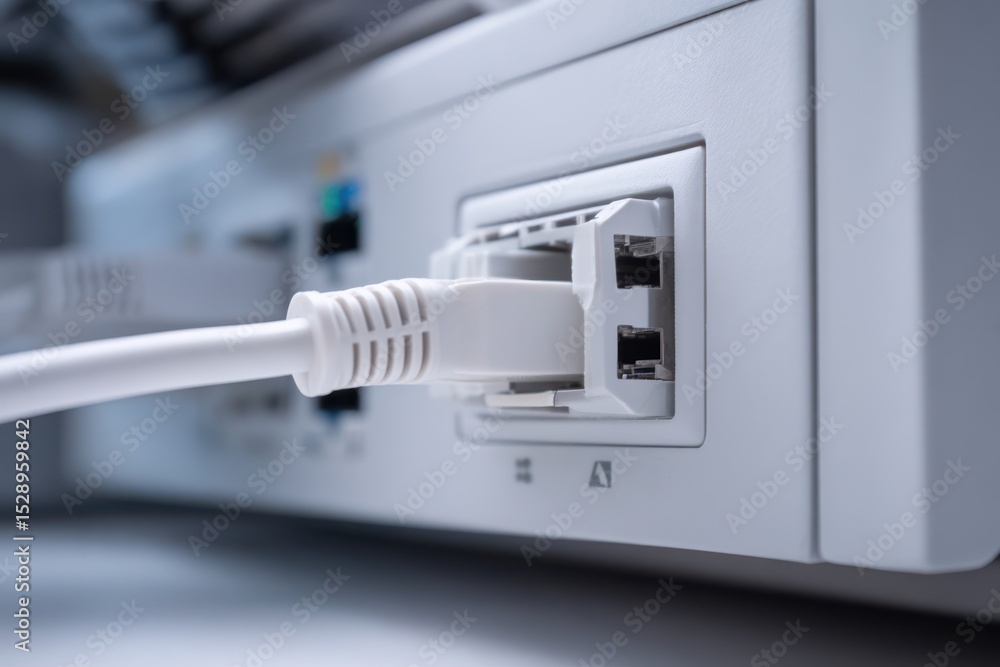 Close-up view of an ethernet port and cable connected to the back of a computer showcasing modern tech and clean design – commercial concept image Close-up view of an ethernet port and cable connected to the back of a computer showcasing modern tech and clean design – commercial concept image