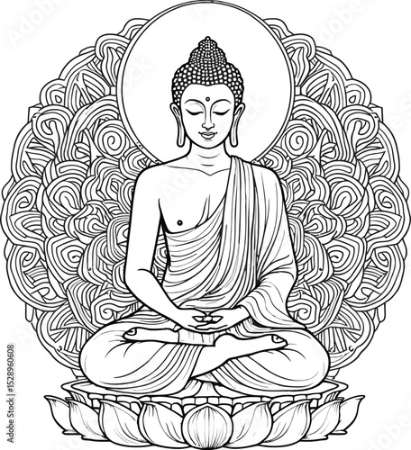 Serene Buddha Sketch: Meditating Figure on Lotus with Intricate Mandala Design Background.
