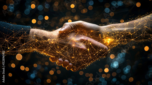 Two hands shaking in a digital scene, symbolizing partnership and mutual understanding
