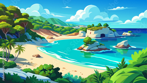 Scenic view of Mitjaneta Beach on Menorca Island, Spain, featuring beautiful turquoise sea water, white sandy shore, and lush green surroundings under a bright blue sky, vector illustration